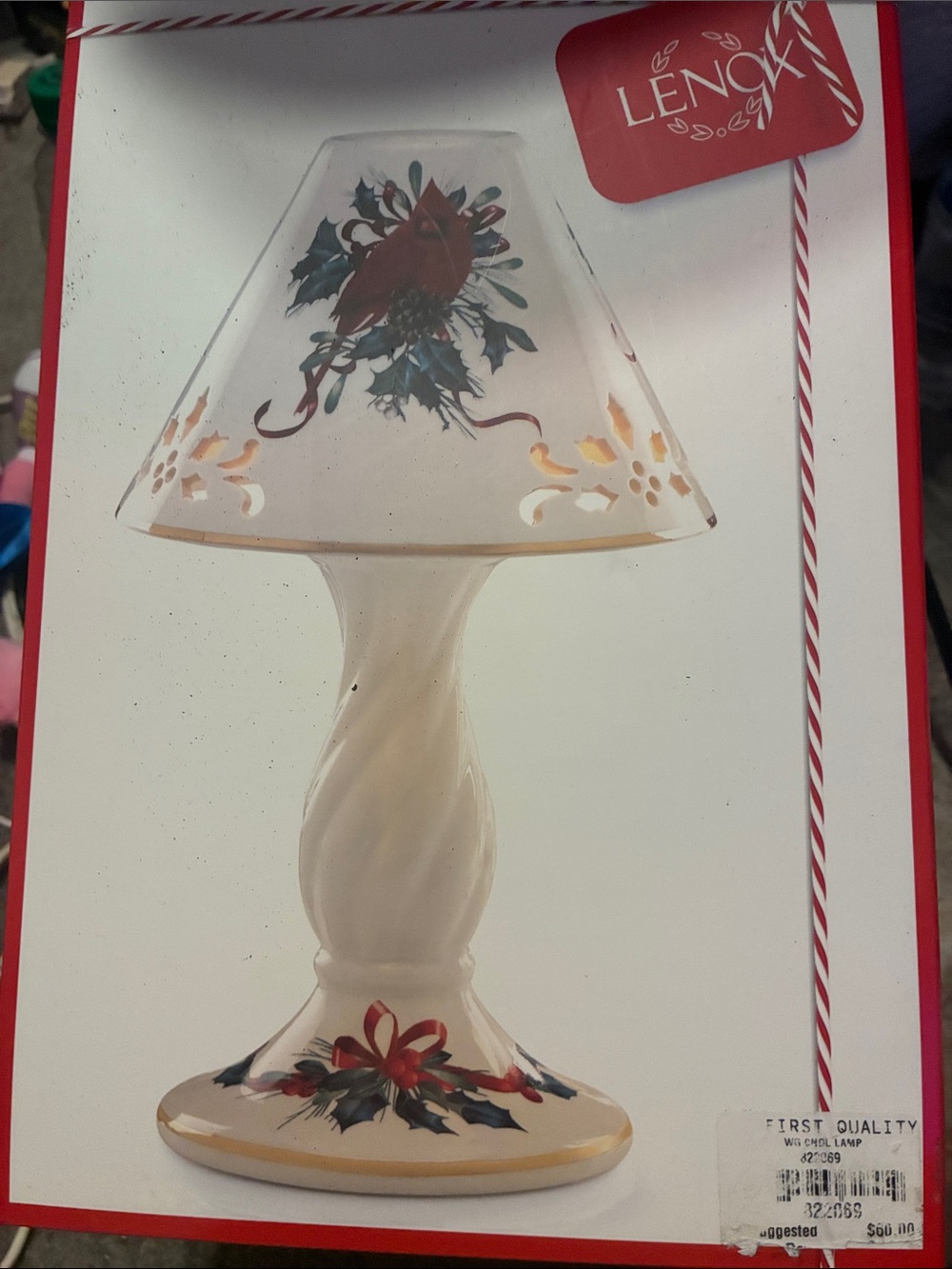 Lenox White Ceramic Holiday Lamp with Red Cardinal and Gold Accents